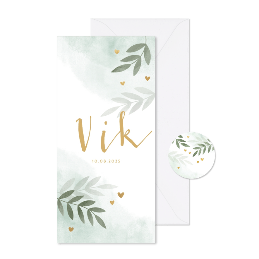 Geboortekaartje gouden hartjes takjes waterverf mintgroen - Kaartimpressie