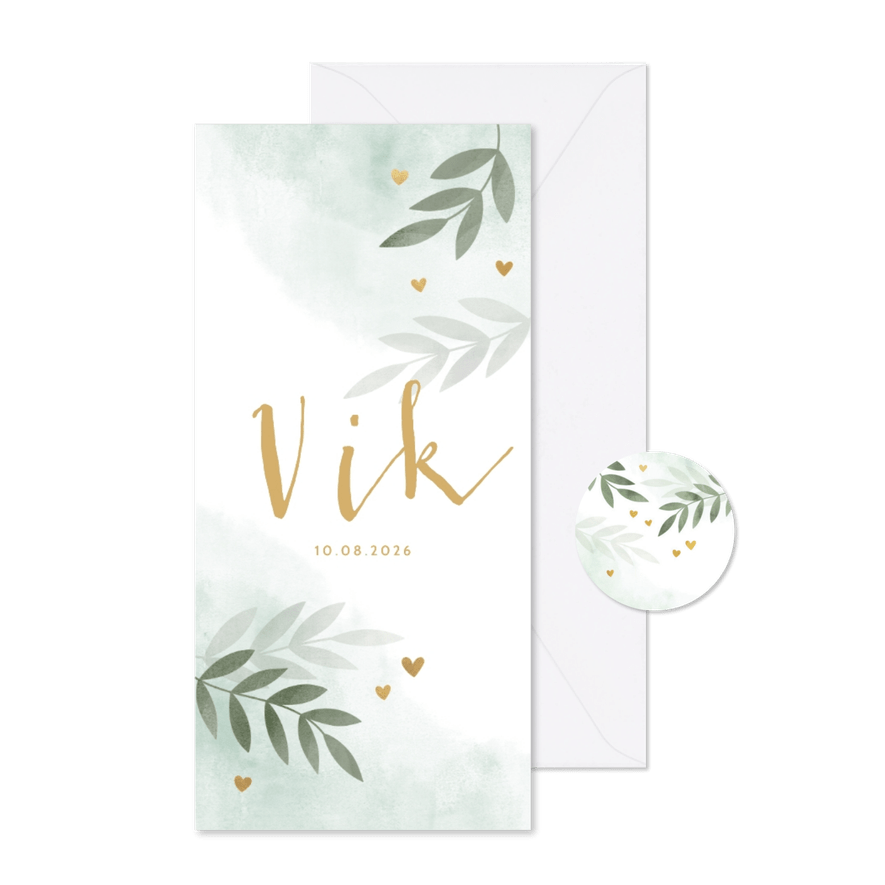 Geboortekaartje gouden hartjes takjes waterverf mintgroen - Kaartimpressie