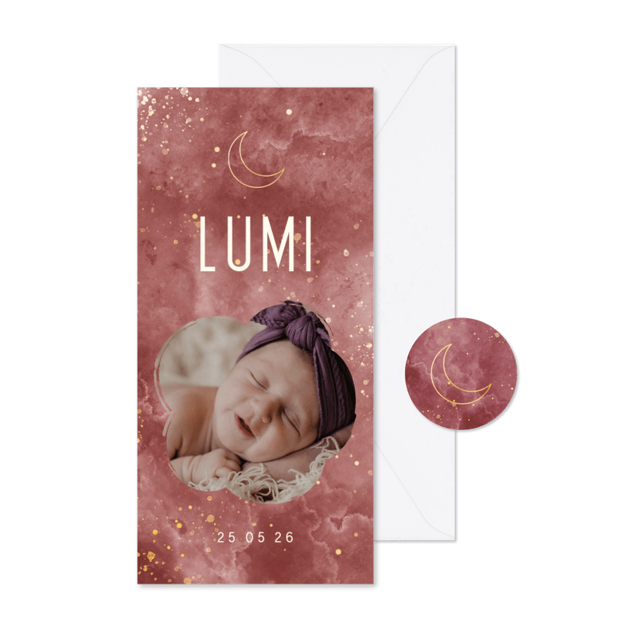 Geboortekaartje gouden maan met foto en wolkjes - Kaartimpressie