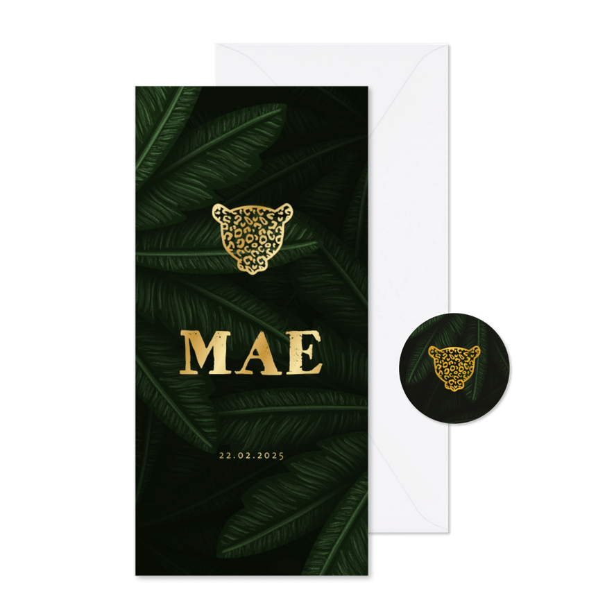 Geboortekaartje gouden panter silhouet met jungle bladeren  - Kaartimpressie