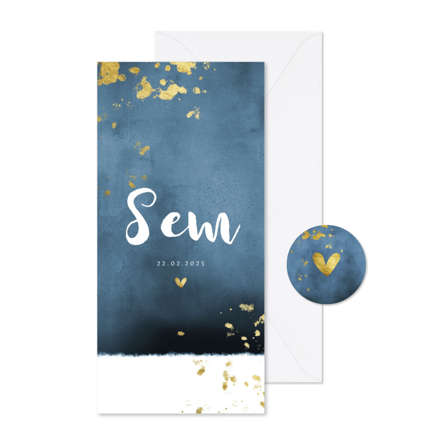 Geboortekaartje gouden spetters blauwe waterverf - Kaartimpressie