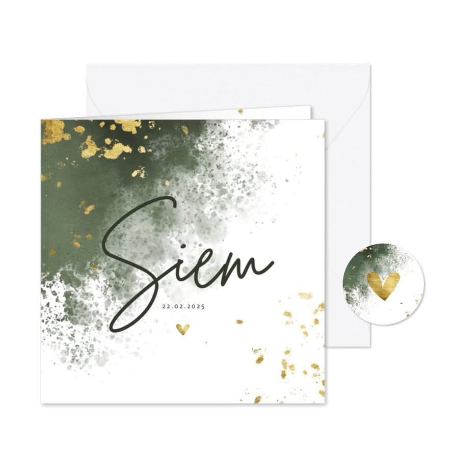 Geboortekaartje gouden spetters met groene waterverf - Kaartimpressie