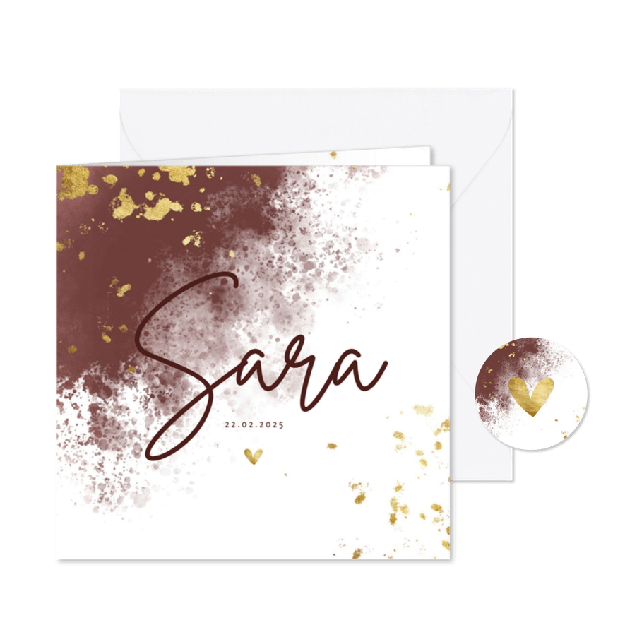 Geboortekaartje gouden spetters met terra roze waterverf - Kaartimpressie