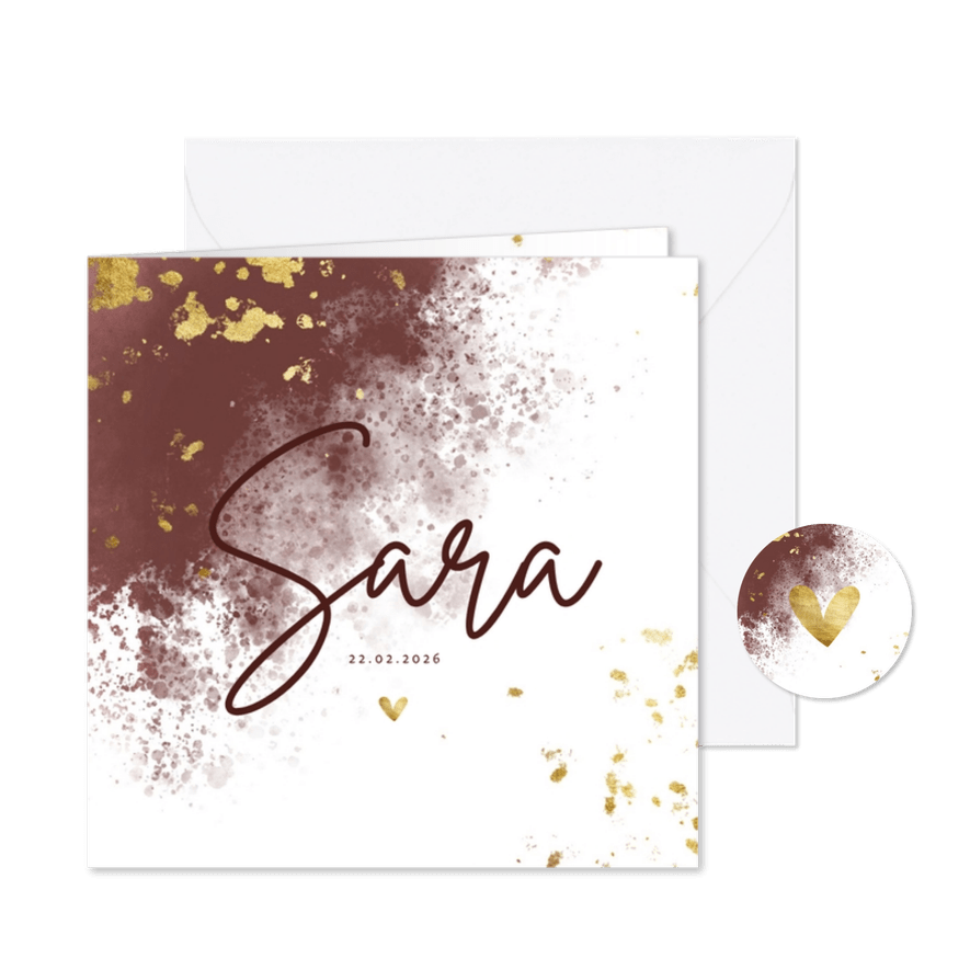 Geboortekaartje gouden spetters met terra roze waterverf - Kaartimpressie