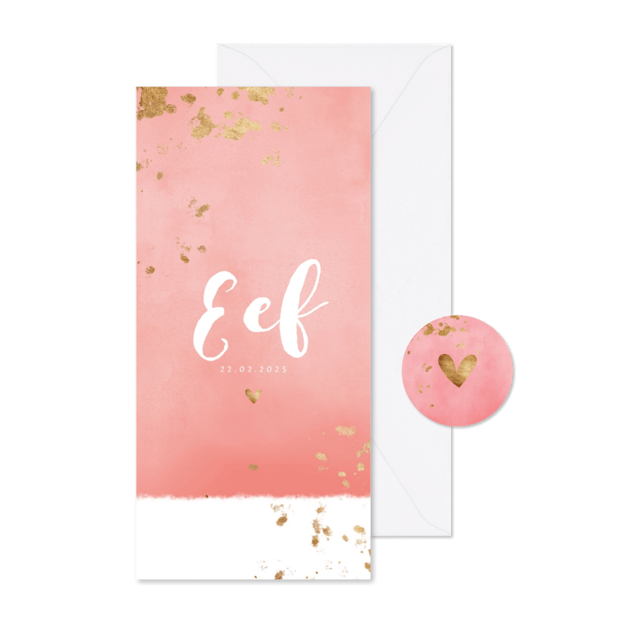 Geboortekaartje gouden spetters roze waterverf - Kaartimpressie