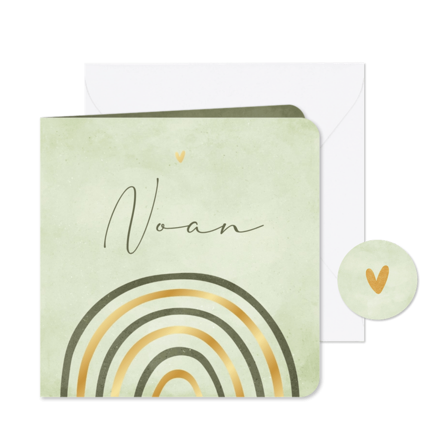 Geboortekaartje groen regenboog met goudfolie - Kaartimpressie