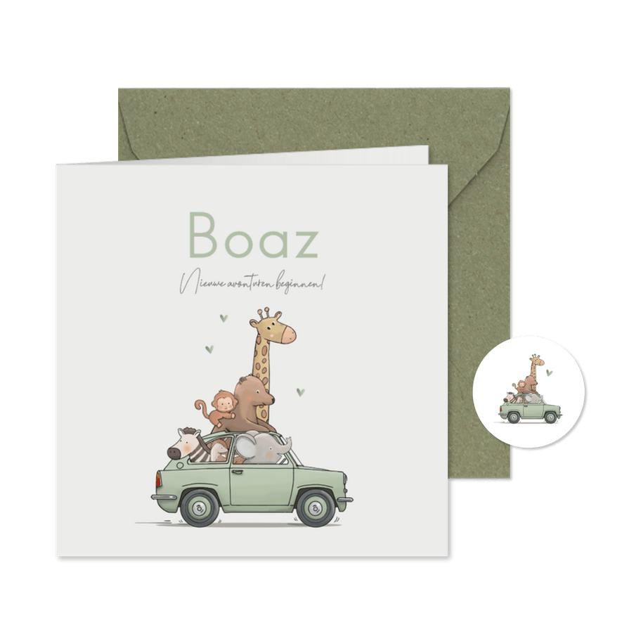 Geboortekaartje groene auto met dieren - Kaartimpressie