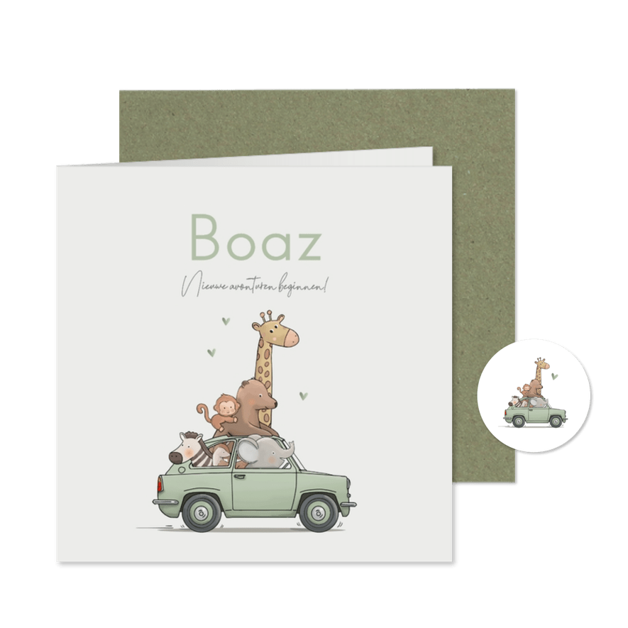 Geboortekaartje groene auto met dieren - Kaartimpressie
