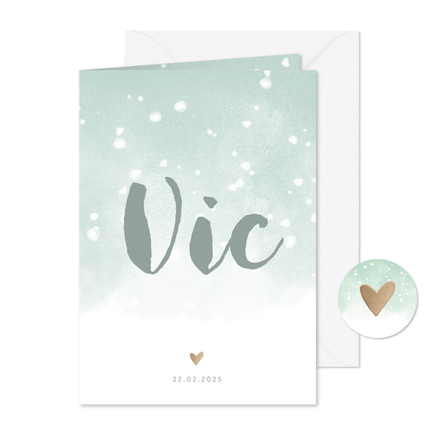 Geboortekaartje groene waterverf en witte confetti - Kaartimpressie