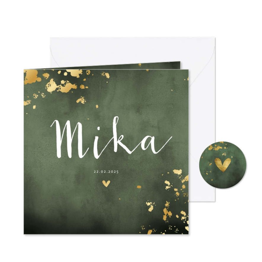 Geboortekaartje groene waterverf gouden spetters - Kaartimpressie