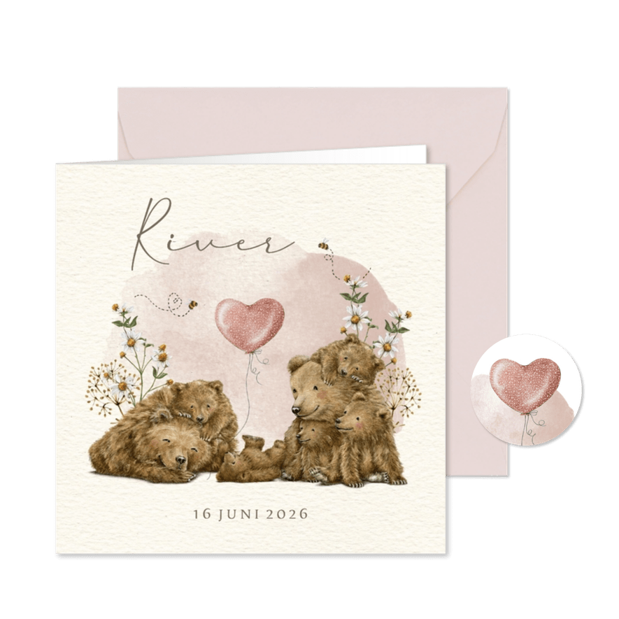 Geboortekaartje groot gezin vijfde kindje met beren - Kaartimpressie