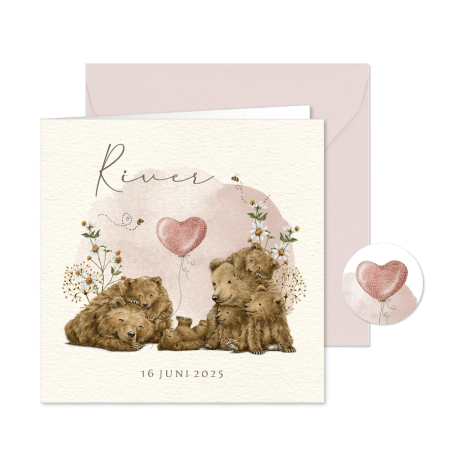 Geboortekaartje groot gezin vijfde kindje met beren - Kaartimpressie