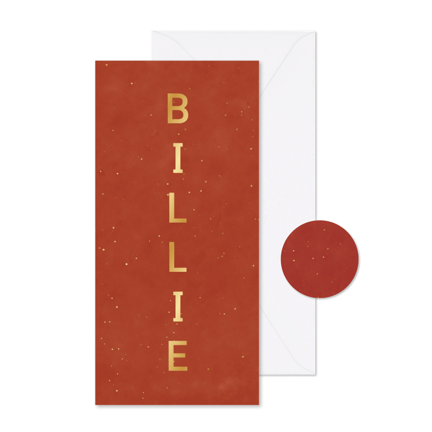 Geboortekaartje grote naam met goudlook spetters - Kaartimpressie