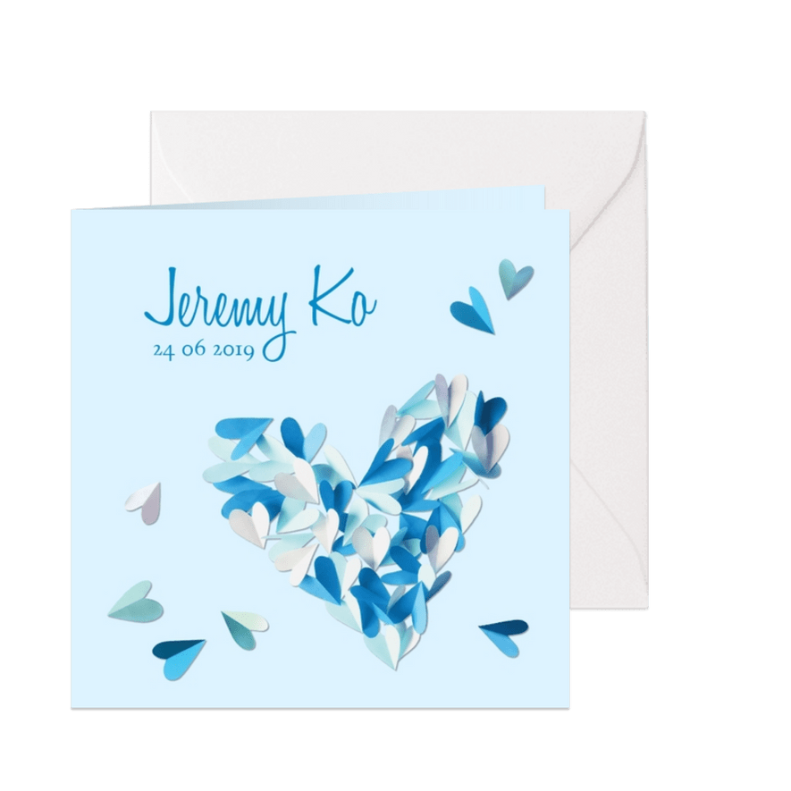 Geboortekaartje hart blauw confetti hartjes jongen - Kaartimpressie