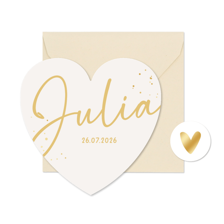 Geboortekaartje hartkaart beige goud spetters lief - Kaartimpressie