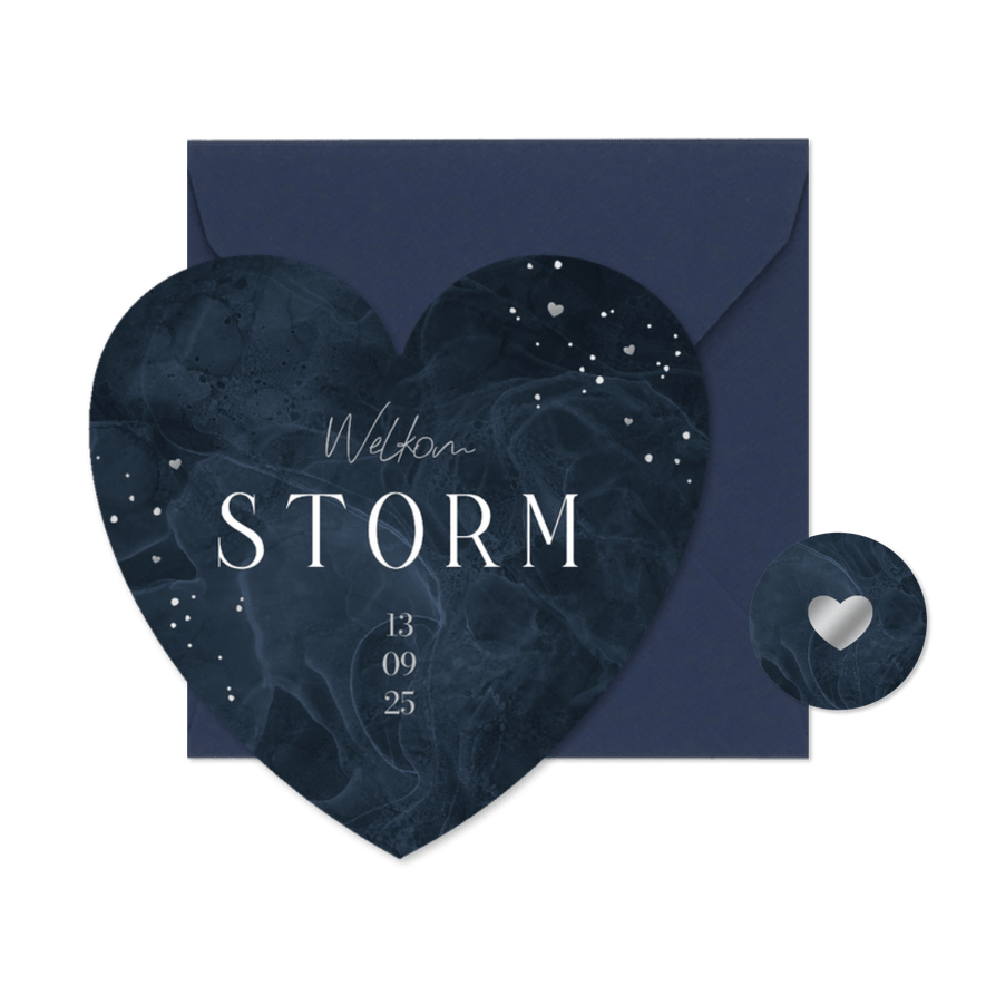 Geboortekaartje hartkaart donkerblauw stoer stijlvol verf - Kaartimpressie
