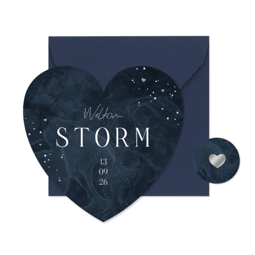 Geboortekaartje hartkaart donkerblauw stoer stijlvol verf - Kaartimpressie