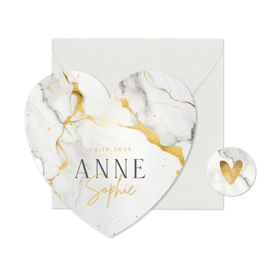 Geboortekaartje hartkaart marmer goud stijlvol hartvorm - Kaartimpressie