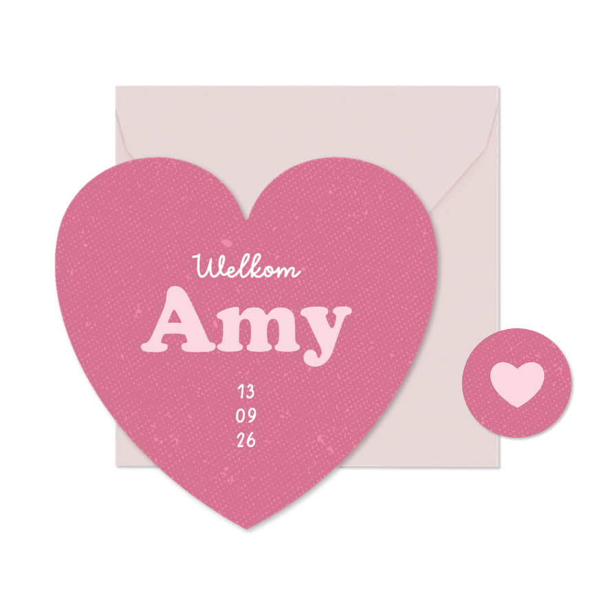 Geboortekaartje hartkaart stoer retro hartje liefde roze - Kaartimpressie