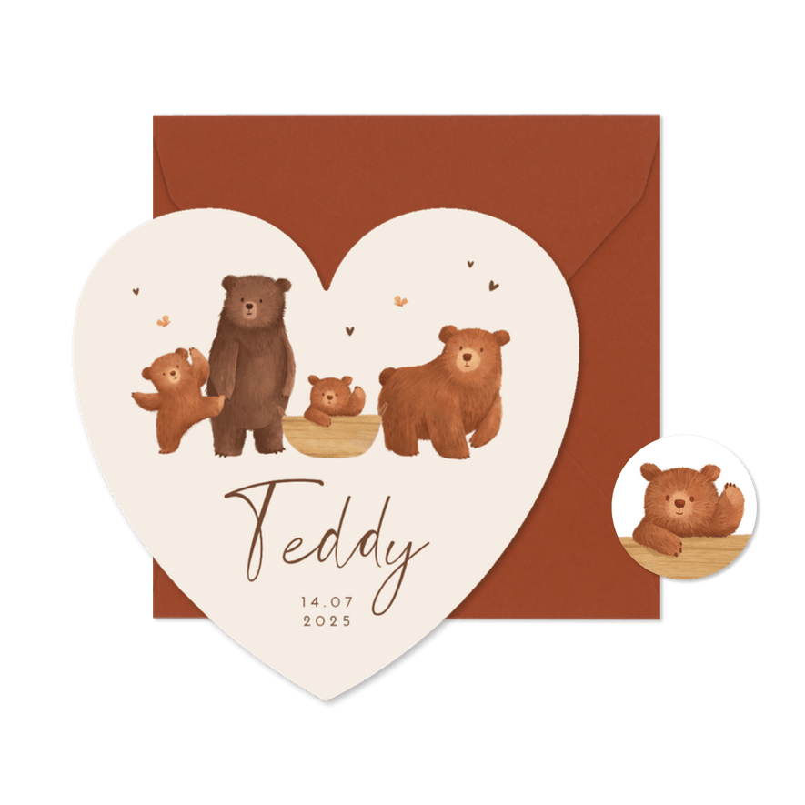 Geboortekaartje hartvorm dieren beren familie broertje zusje - Kaartimpressie