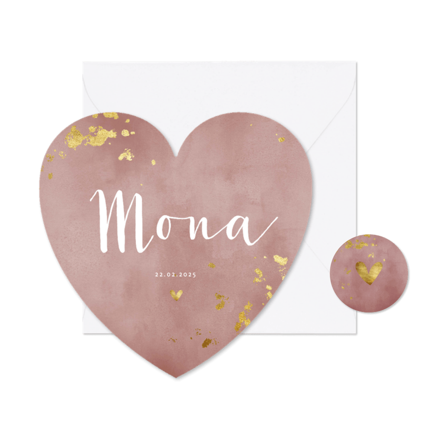 Geboortekaartje hartvorm oud roze waterverf gouden spetters - Kaartimpressie