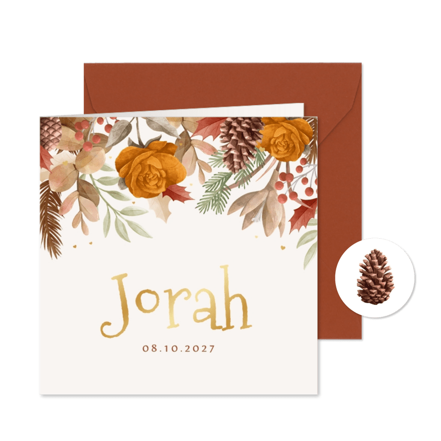 Geboortekaartje herfst bloemen hartjes goud stijlvol unisex - Kaartimpressie