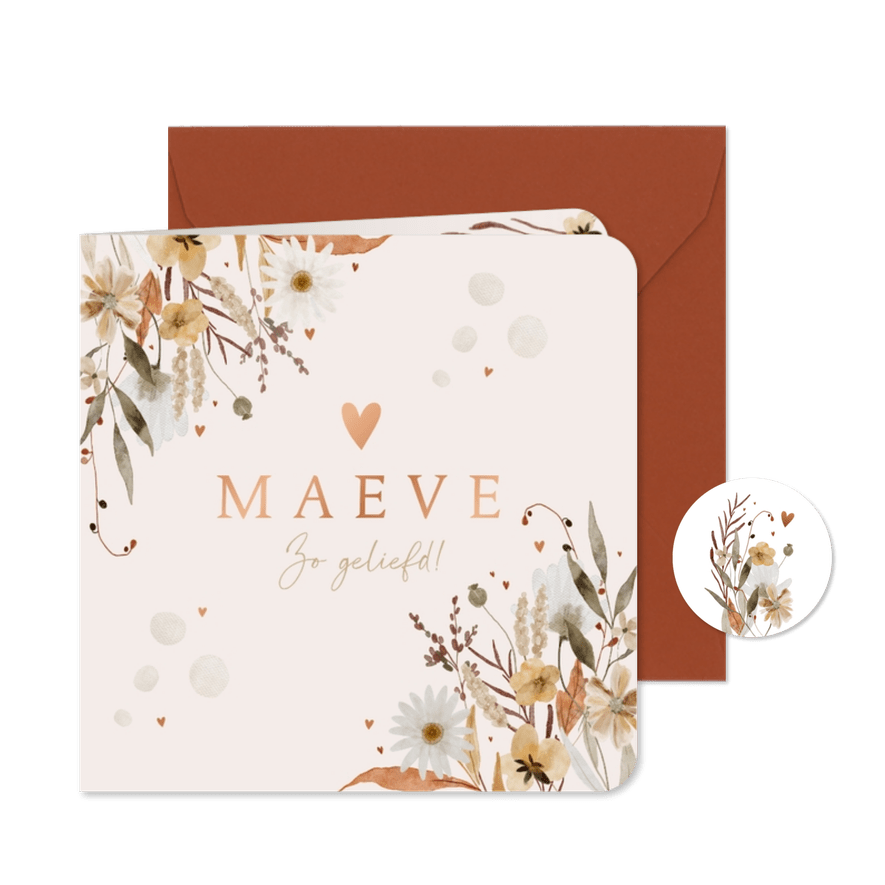 Geboortekaartje herfst en winterbloemen met hartjes - Kaartimpressie