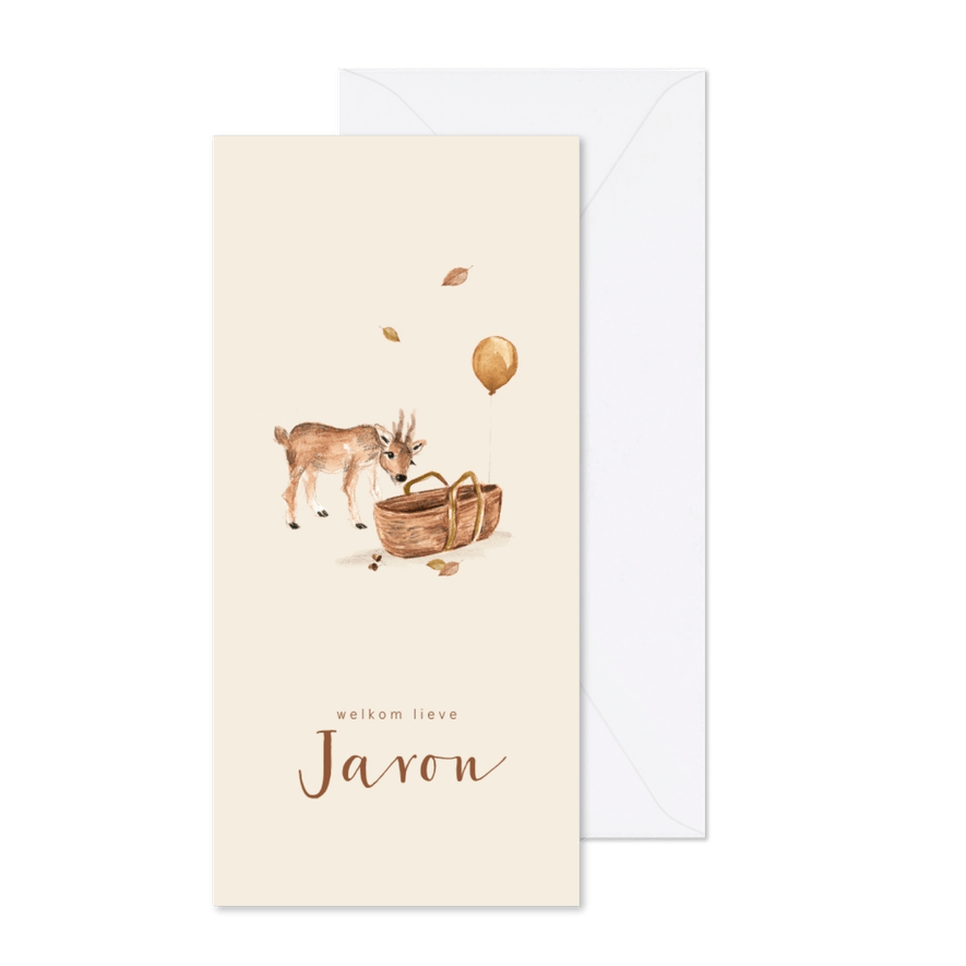 Geboortekaartje herfst met een hertje bij een mozes wiegje - Kaartimpressie