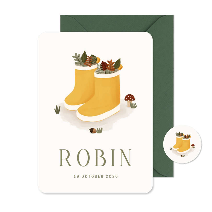 Geboortekaartje herfst met regenlaarsjes en blaadjes - Kaartimpressie