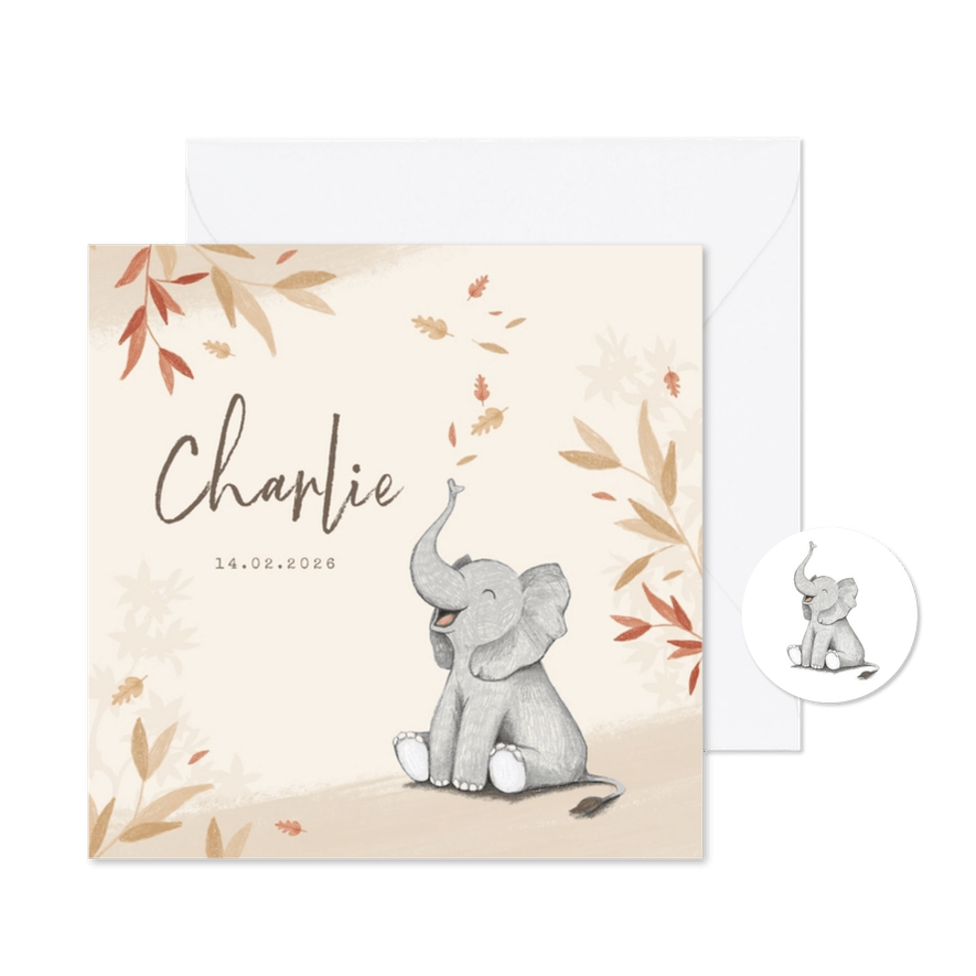 Geboortekaartje herfst olifant unisex blaadjes jongen meisje - Kaartimpressie
