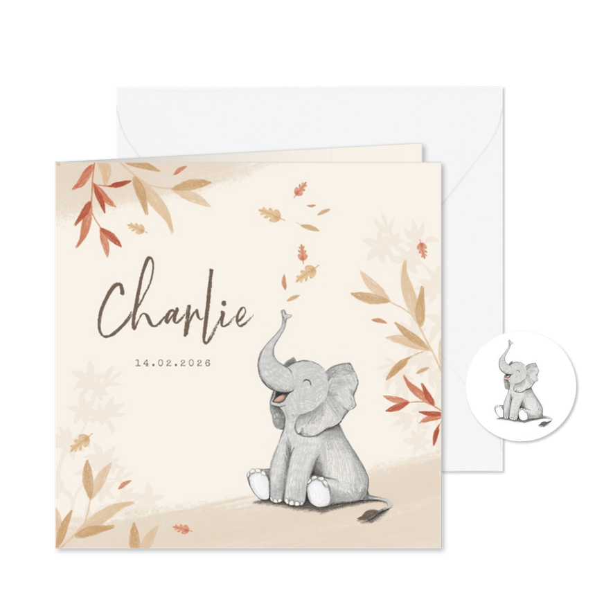 Geboortekaartje herfst olifant unisex blaadjes jongen meisje - Kaartimpressie