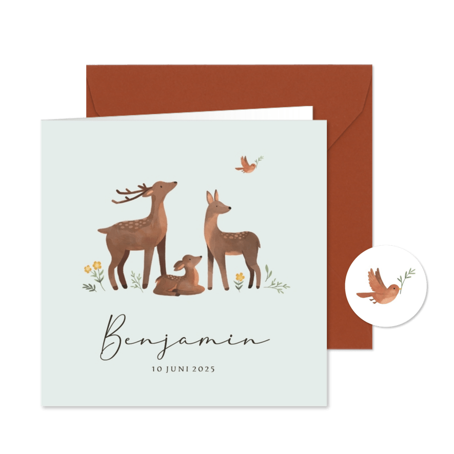Geboortekaartje hertenfamilie bloemen vogel lief - Kaartimpressie