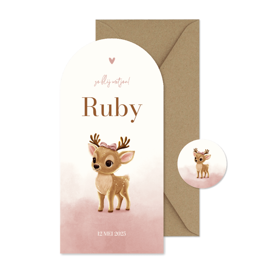 Geboortekaartje hertje boog met strik roze waterverf - Kaartimpressie