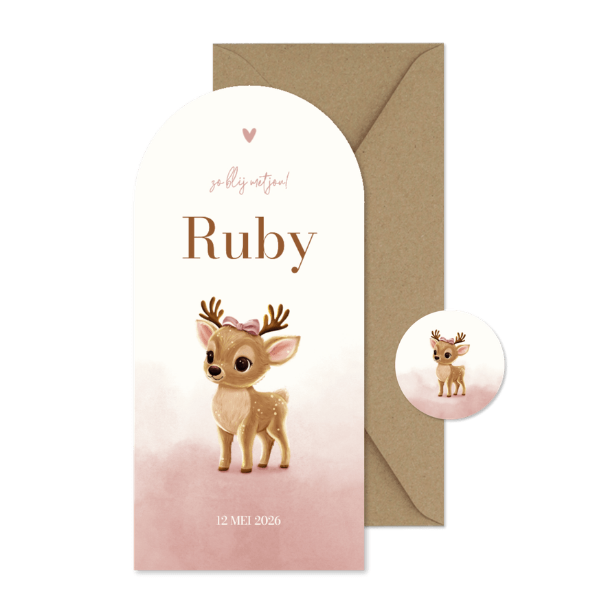 Geboortekaartje hertje boog met strik roze waterverf - Kaartimpressie