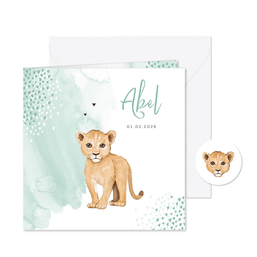 Geboortekaartje hip leeuw waterverf hartjes - Kaartimpressie