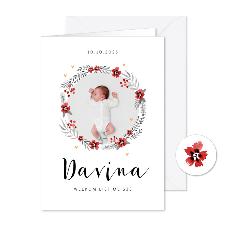 Geboortekaartje hip meisje bloemen flamingo hartjes - Kaartimpressie