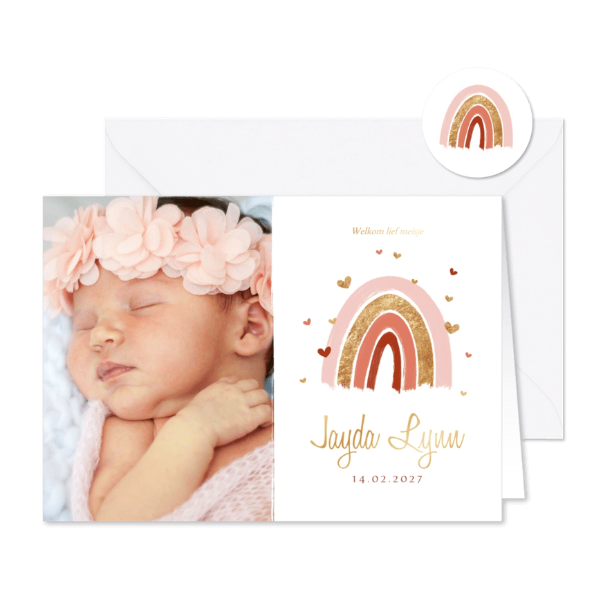 Geboortekaartje hip meisje regenboog roze goud foto - Kaartimpressie