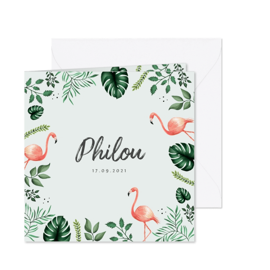 Geboortekaartje hip met flamingo's en bladeren - Kaartimpressie