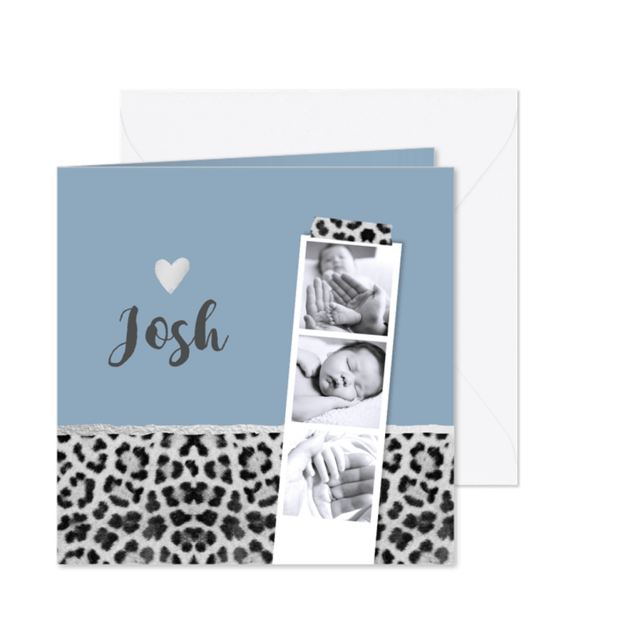 Geboortekaartje hip panterprint grijs fotostrip  - Kaartimpressie
