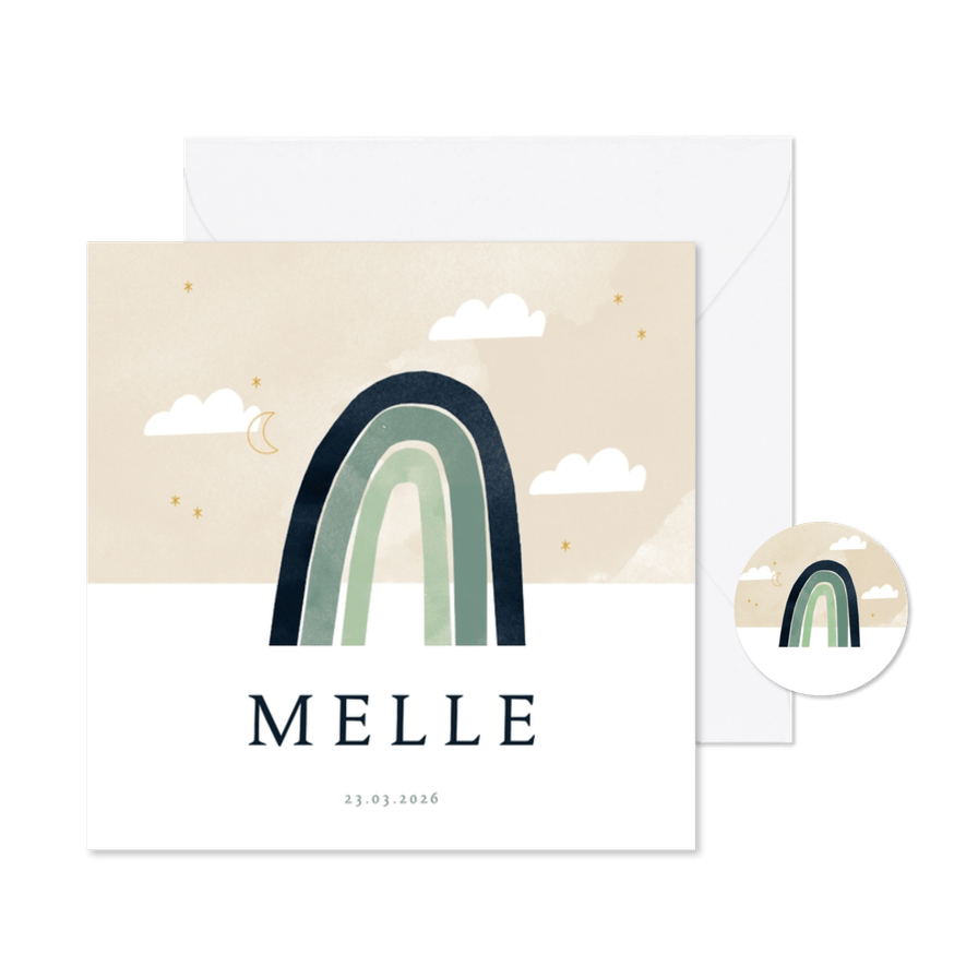 Geboortekaartje hip regenboog, maantje wolkjes - Kaartimpressie