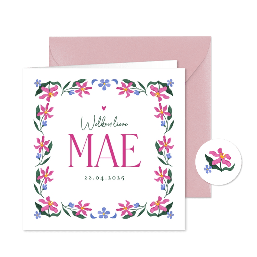 Geboortekaartje hip trend bloemen kader waterverf roze - Kaartimpressie