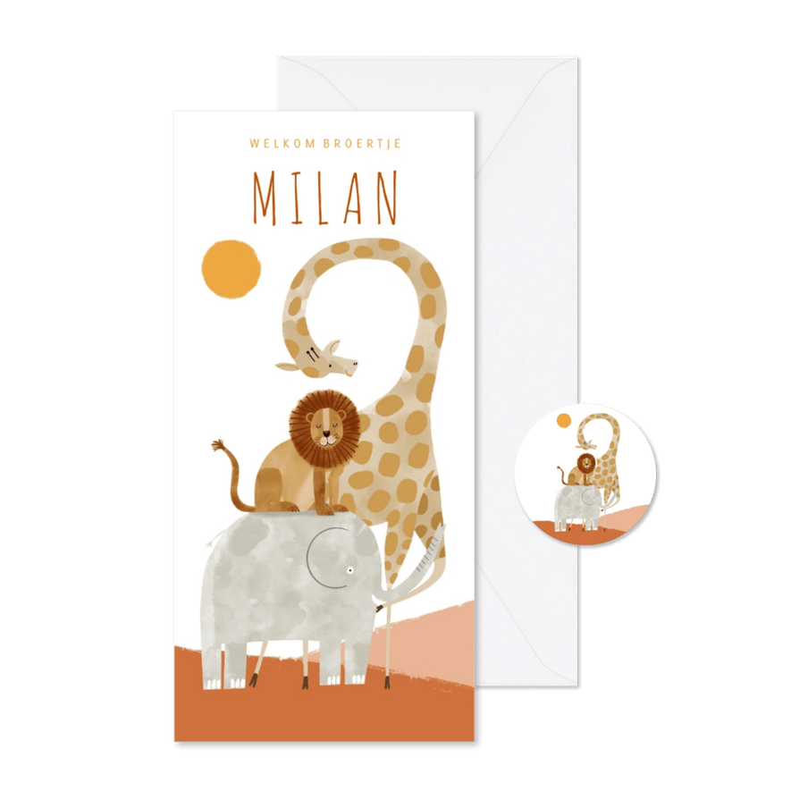 Geboortekaartje hip welkom broertje met dieren illustratie - Kaartimpressie