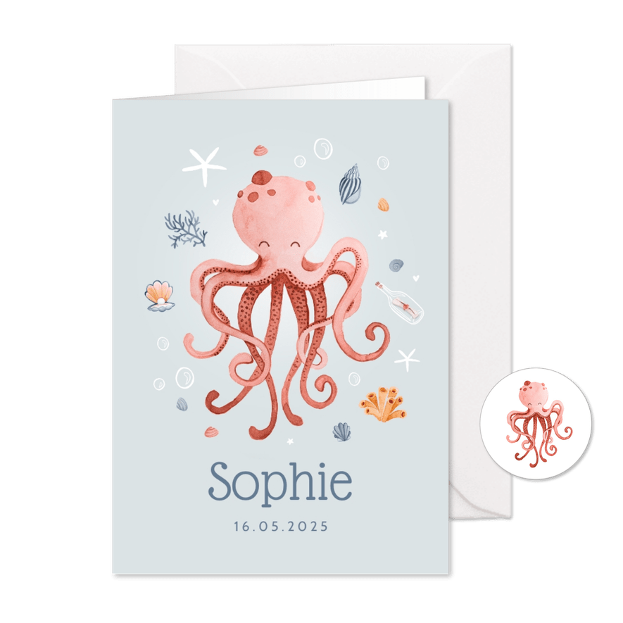 Geboortekaartje hip zee octopus meisje schelpjes hartjes - Kaartimpressie