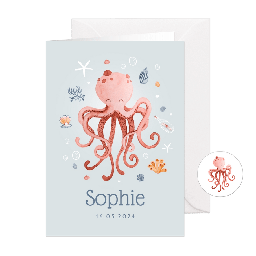 Geboortekaartje hip zee octopus meisje schelpjes hartjes - Kaartimpressie