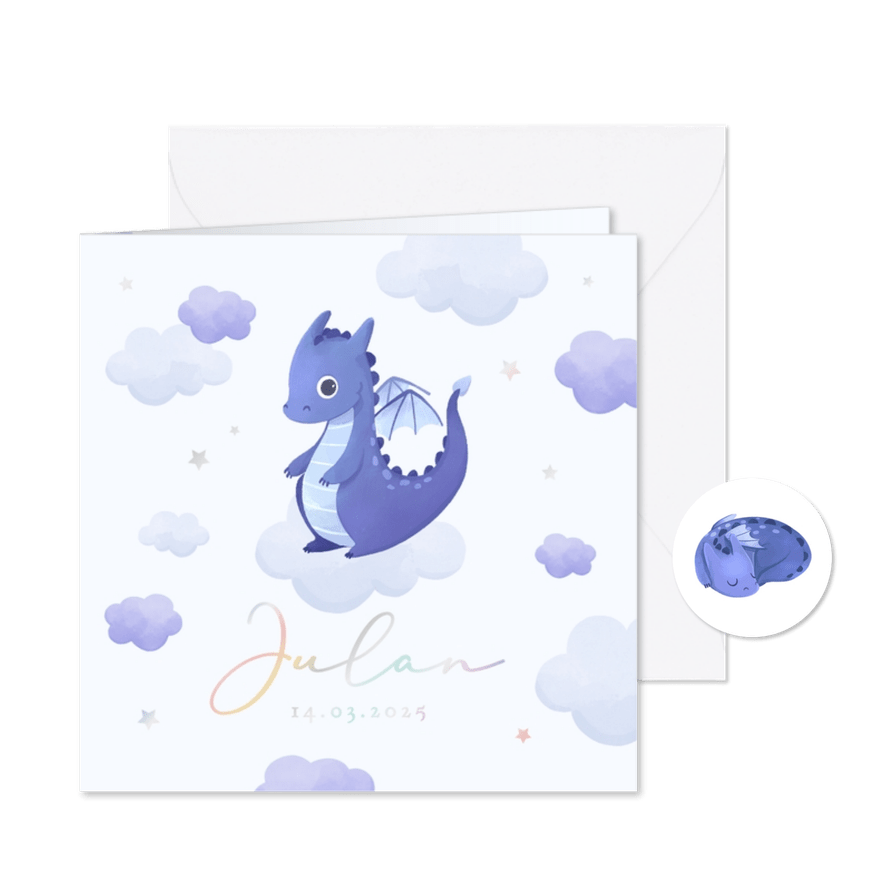 Geboortekaartje holografisch draakje wolken sterren - Kaartimpressie