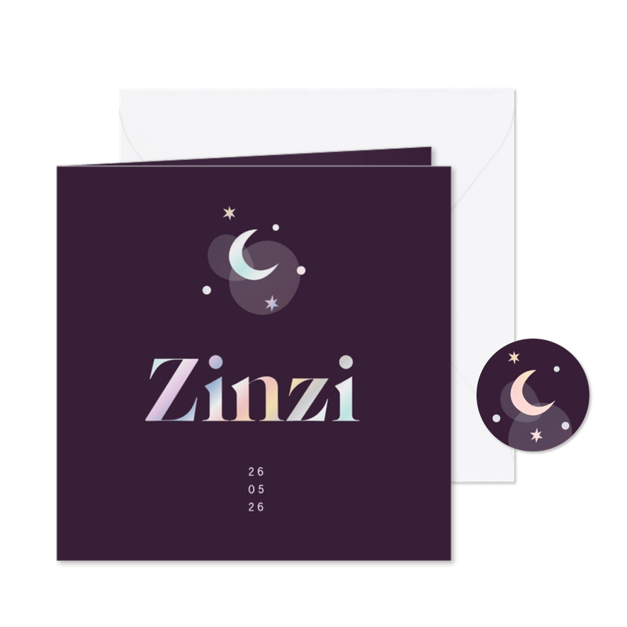 Geboortekaartje holografisch maantje en sterren - Kaartimpressie