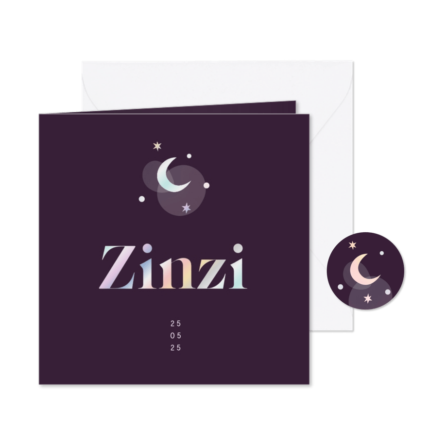 Geboortekaartje holografisch maantje en sterren - Kaartimpressie
