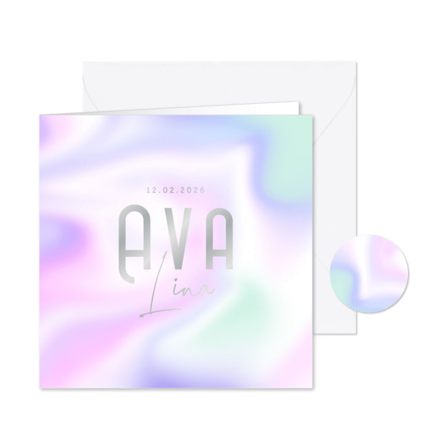 Geboortekaartje holografisch modern abstract goud hartjes - Kaartimpressie