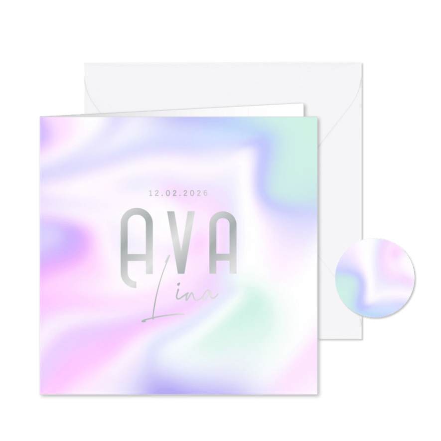 Geboortekaartje holografisch modern abstract goud hartjes - Kaartimpressie