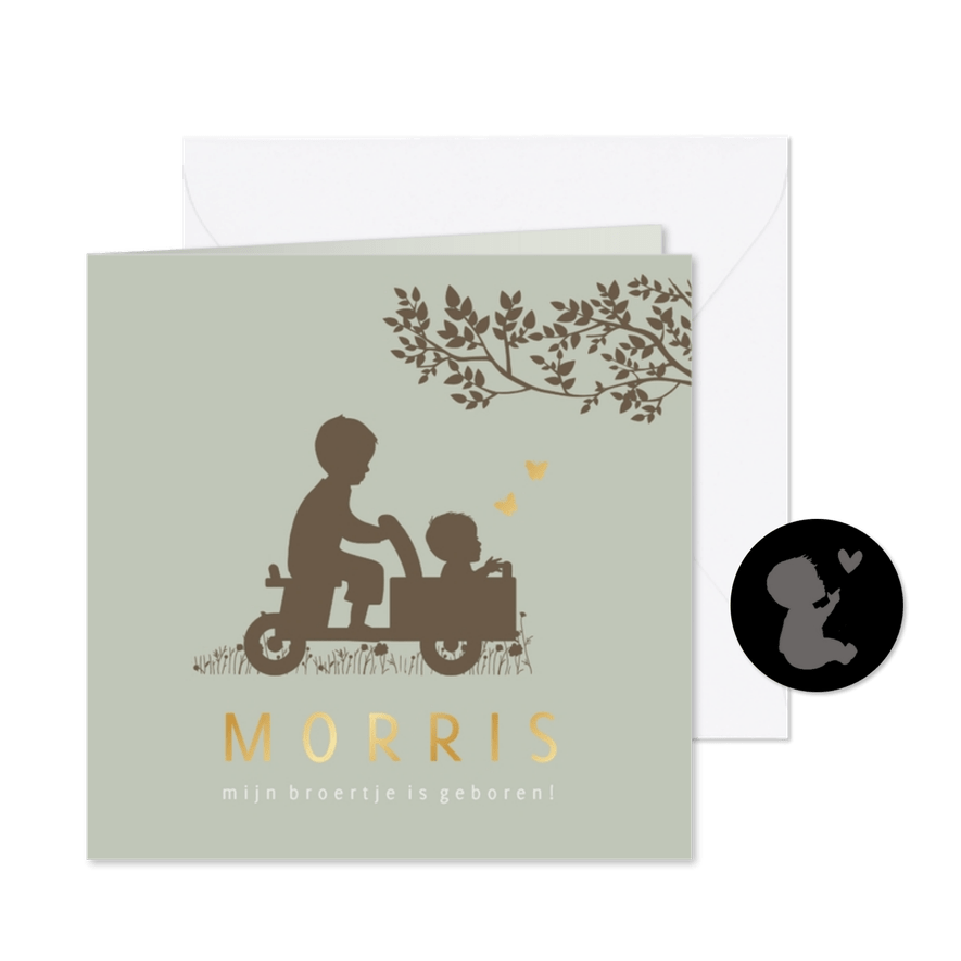 Geboortekaartje houten bakfiets met broertjes - Kaartimpressie